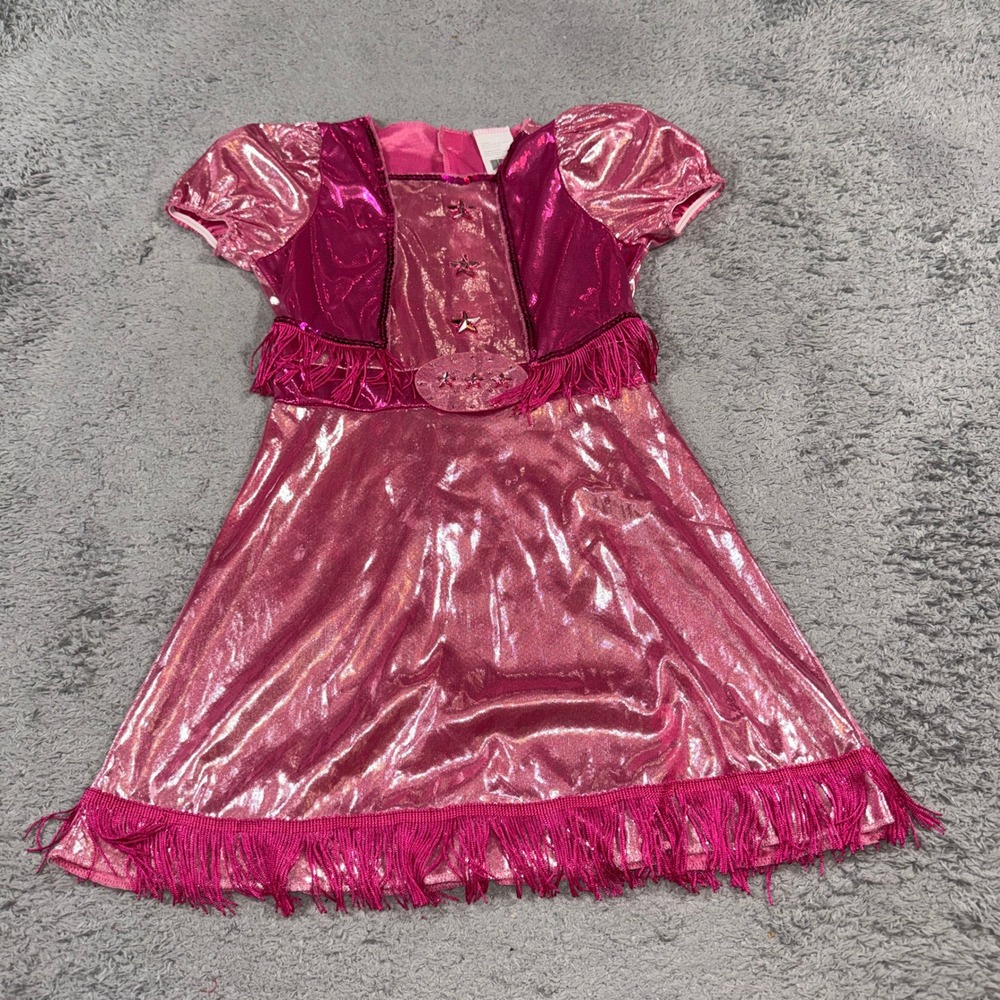 Walmart Girls Cowgirl Costume Dress Size Medium Pink Metallic Fringe Stars